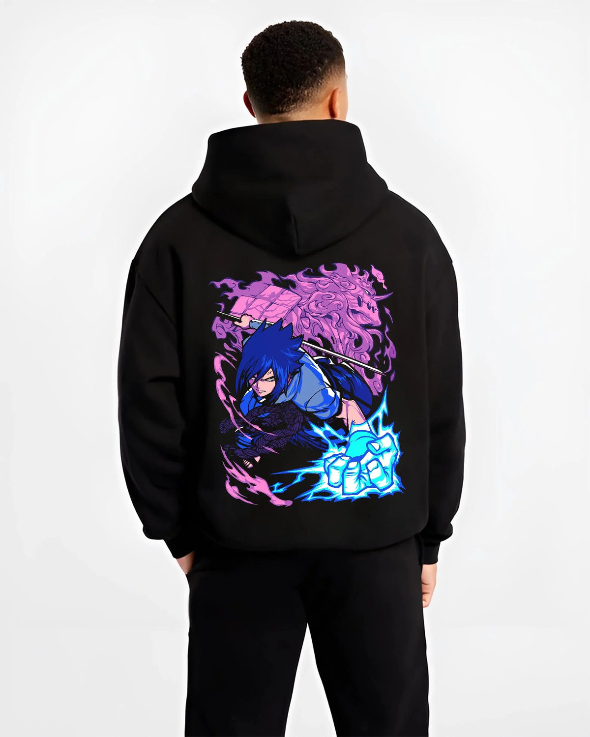 Black hoodie worn by male model from the back featuring Sasuke Uchiha Chidori Naruto artwork.