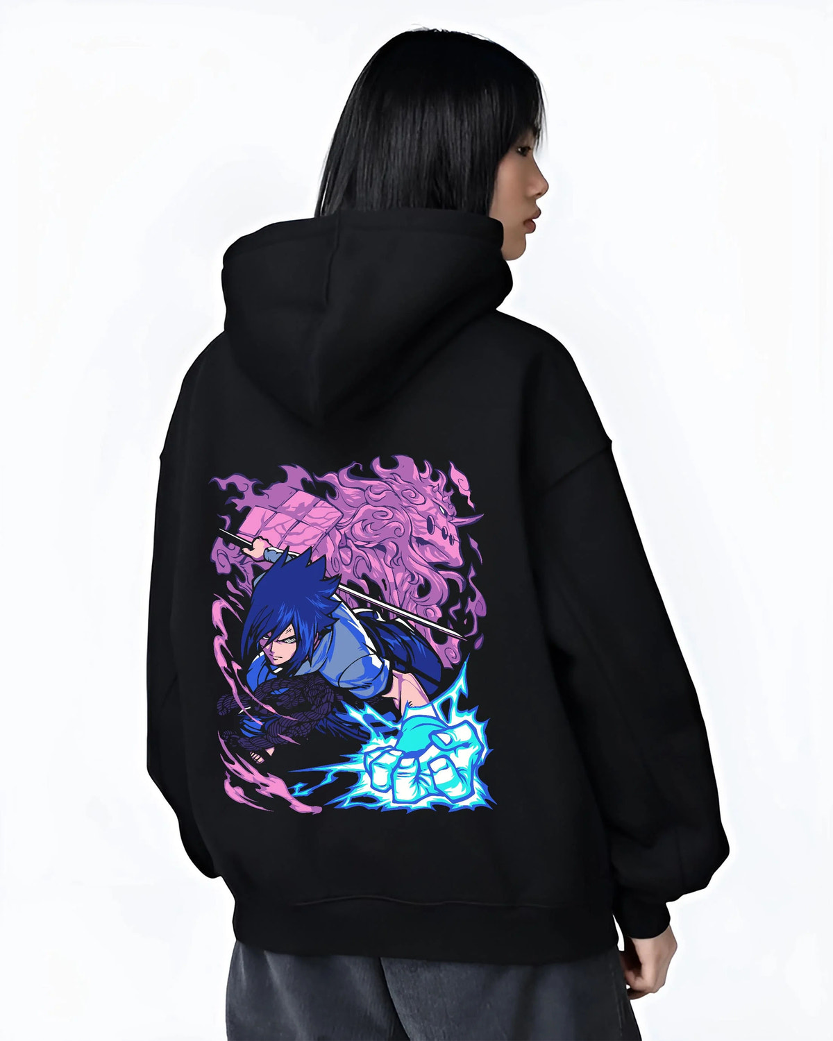 Black hoodie worn by female model from the back featuring Sasuke Uchiha Chidori Naruto artwork.