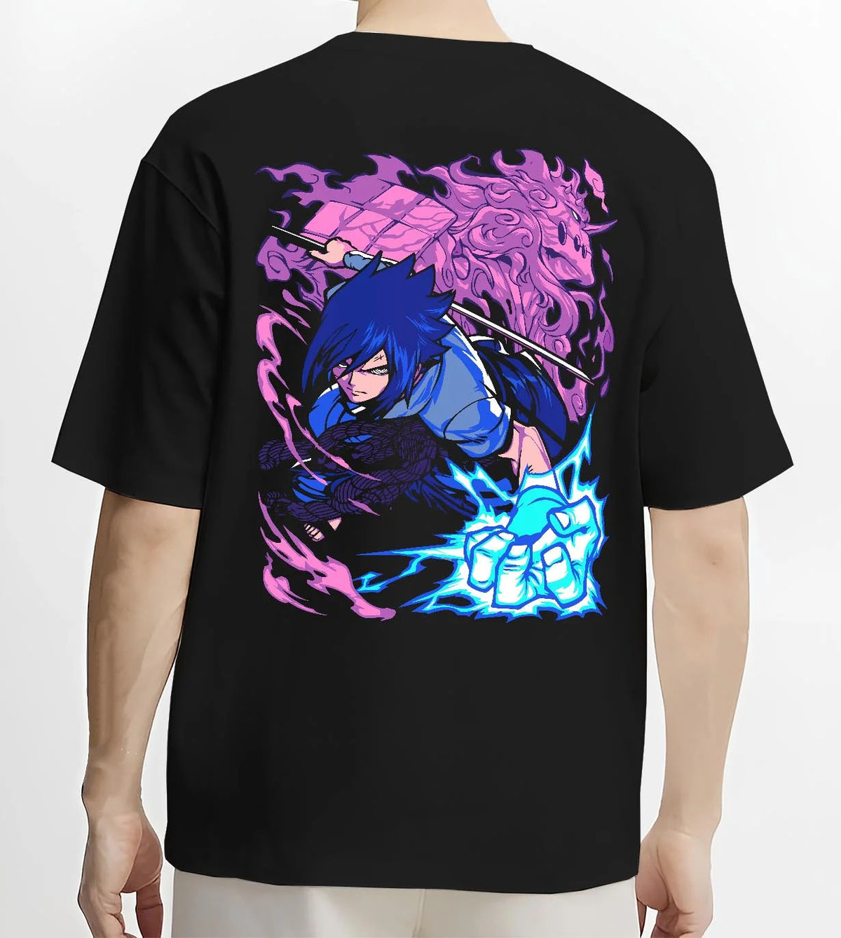 Black T-shirt worn by male model from the back featuring Sasuke Uchiha Chidori Naruto artwork.