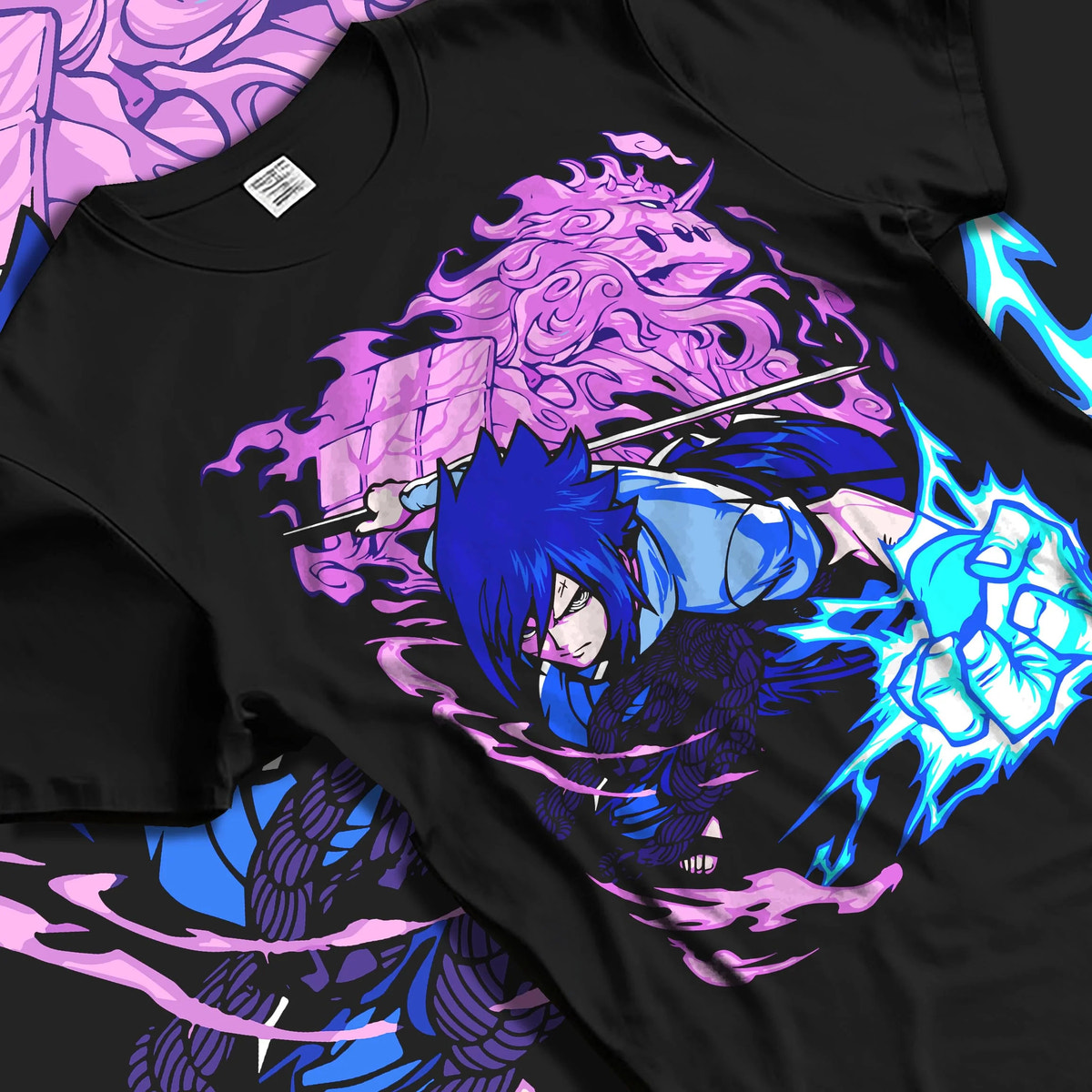 Black T-shirt laid flat with natural folds featuring Sasuke Uchiha Chidori Naruto artwork.