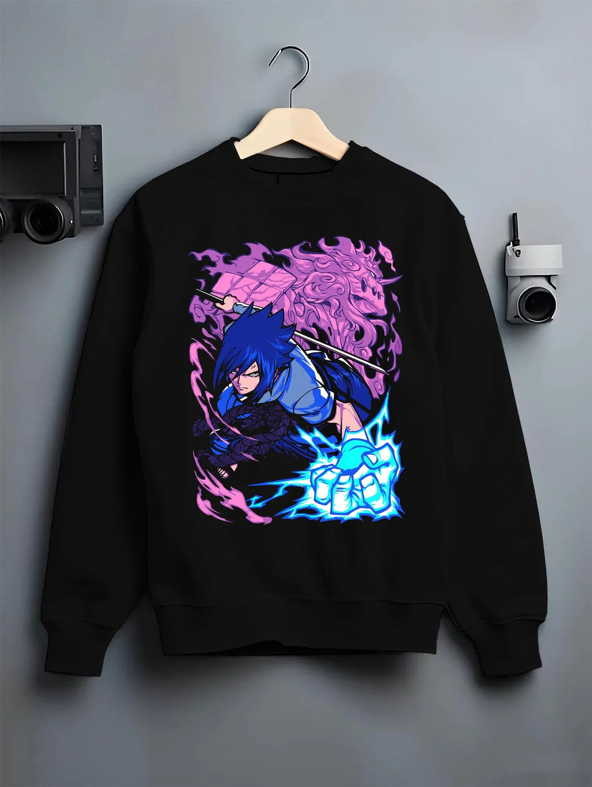 Black crewneck sweatshirt on hanger featuring Sasuke Uchiha Chidori Naruto artwork.