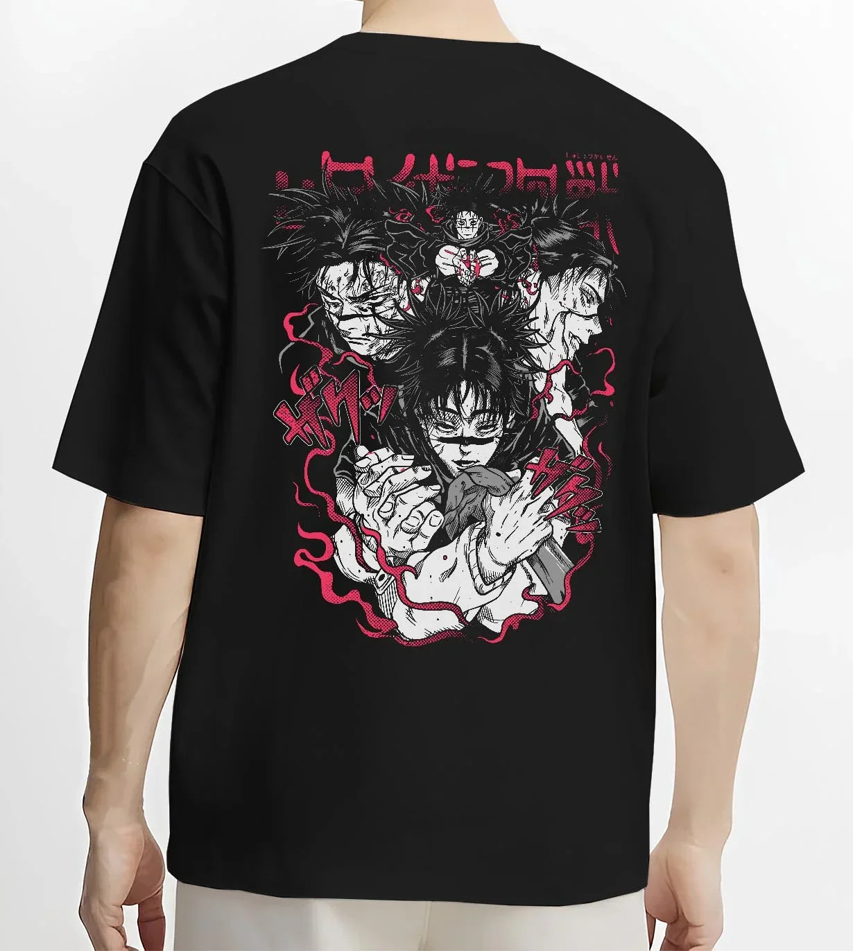Black T-shirt worn by male model, back view with Choso Hoodie Jujutsu Kaisen Cursed Blood Red Battle graphic Choso anime design.