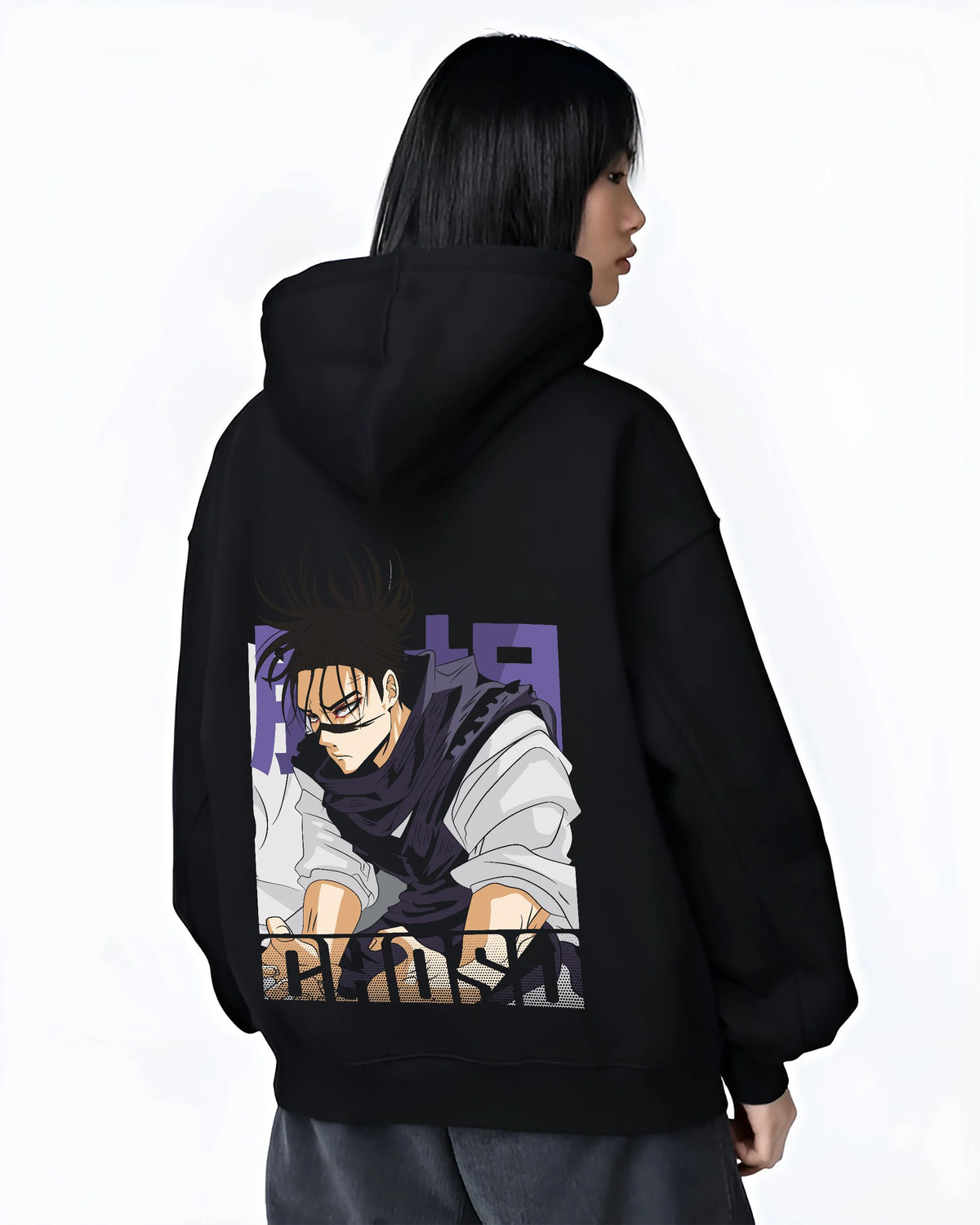 Black hoodie female model back view showing Choso from Jujutsu Kaisen: manga portrait