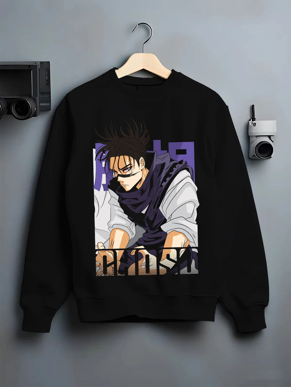 Black crewneck sweatshirt on hanger showing Choso from Jujutsu Kaisen: manga portrait