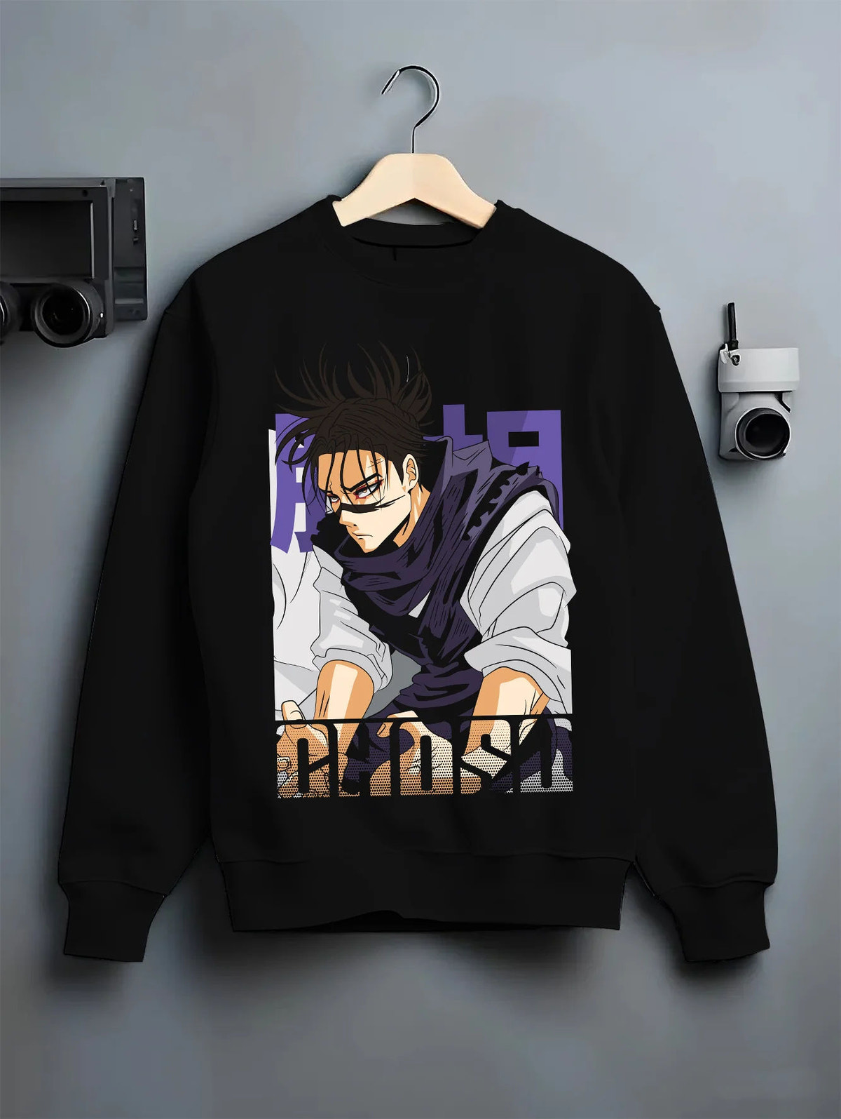 Black crewneck sweatshirt on hanger showing Choso from Jujutsu Kaisen: manga portrait