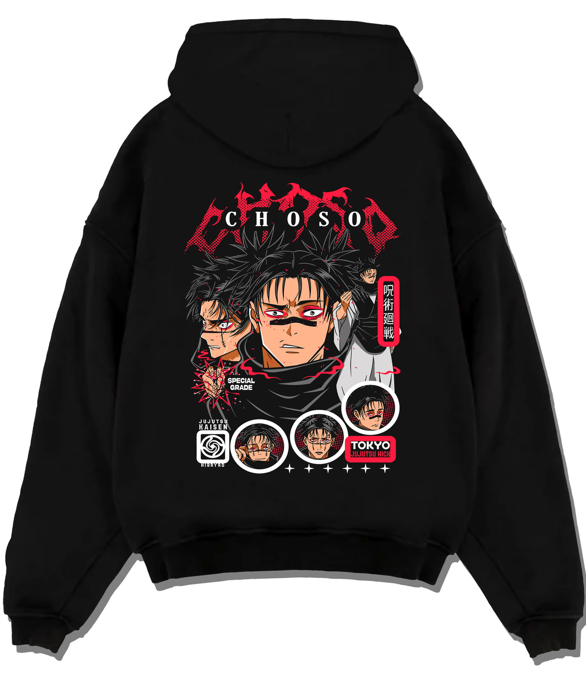 Black hoodie flat back view showing Choso from Jujutsu Kaisen: retro Japanese poster