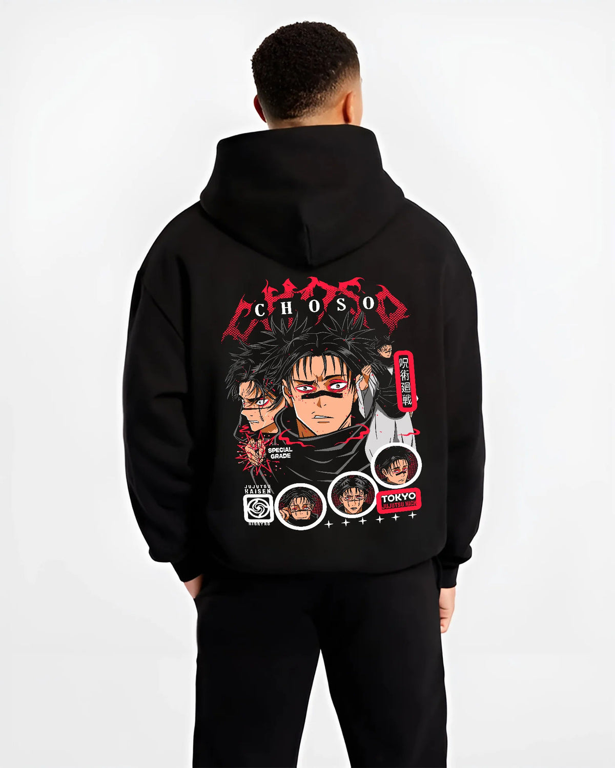 Black hoodie model back view showing Choso from Jujutsu Kaisen: retro Japanese poster