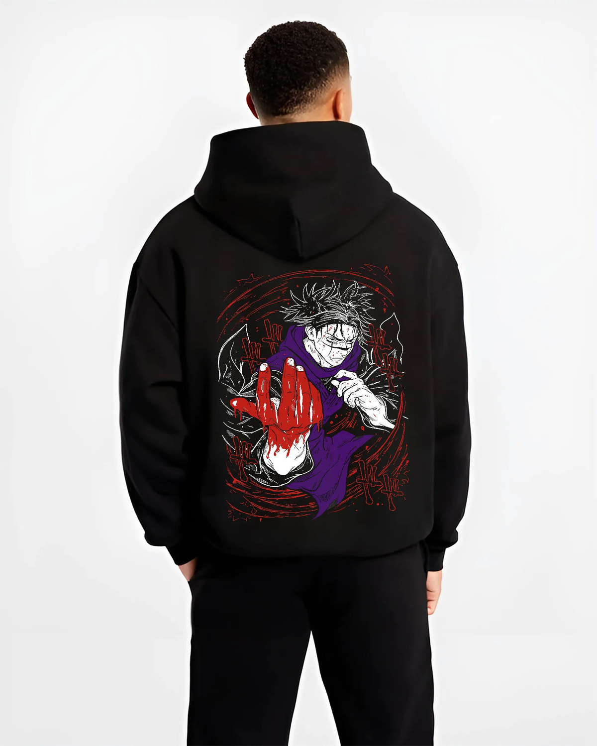 Black hoodie model back view showing Choso from Jujutsu Kaisen: Blood Manipulation