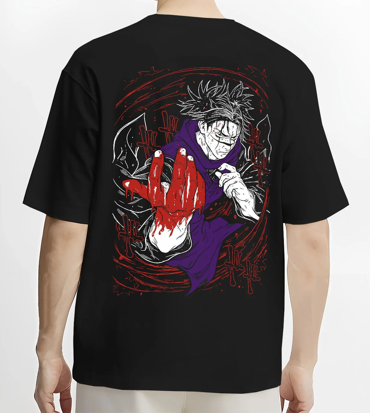 Black T-shirt model back view showing Choso from Jujutsu Kaisen: Blood Manipulation