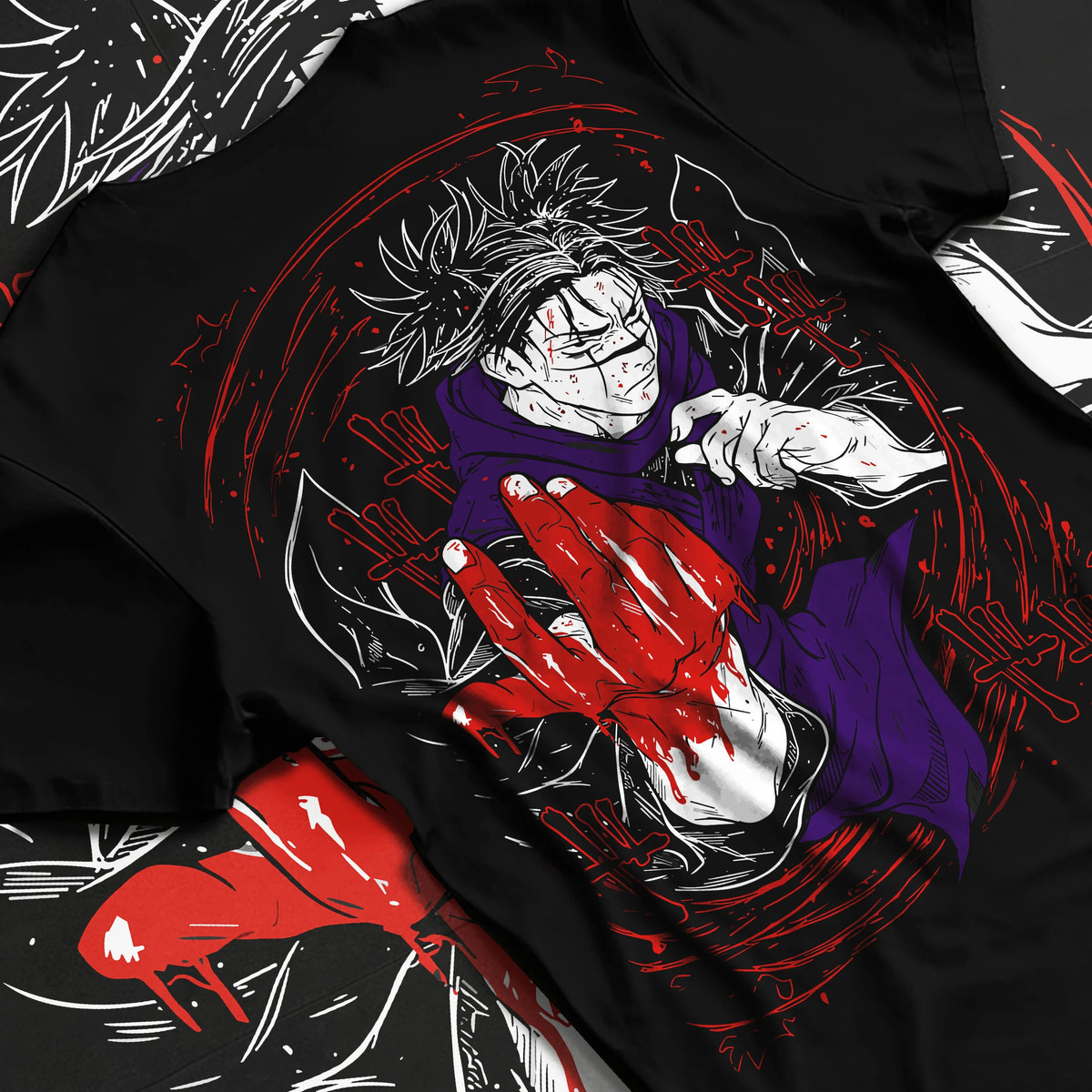 Black T-shirt flat back view showing Choso from Jujutsu Kaisen: Blood Manipulation