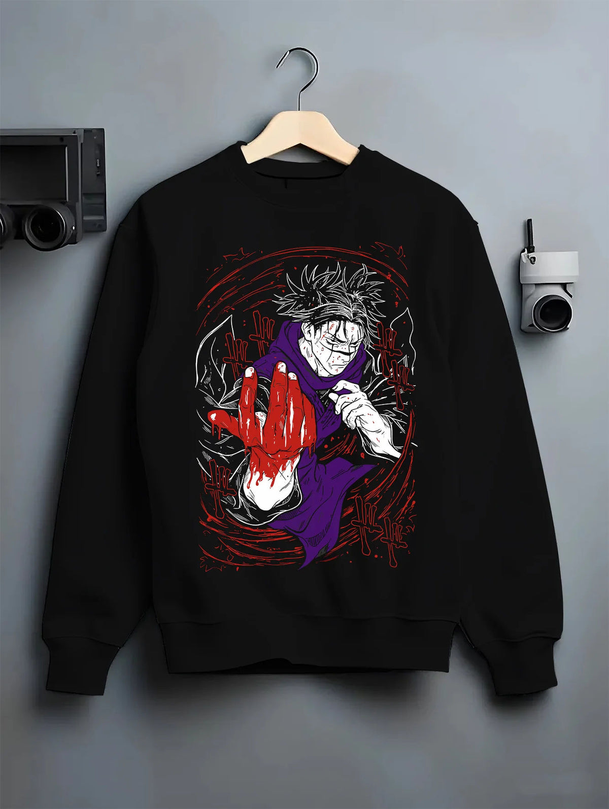 Black crewneck sweatshirt on hanger showing Choso from Jujutsu Kaisen: Blood Manipulation