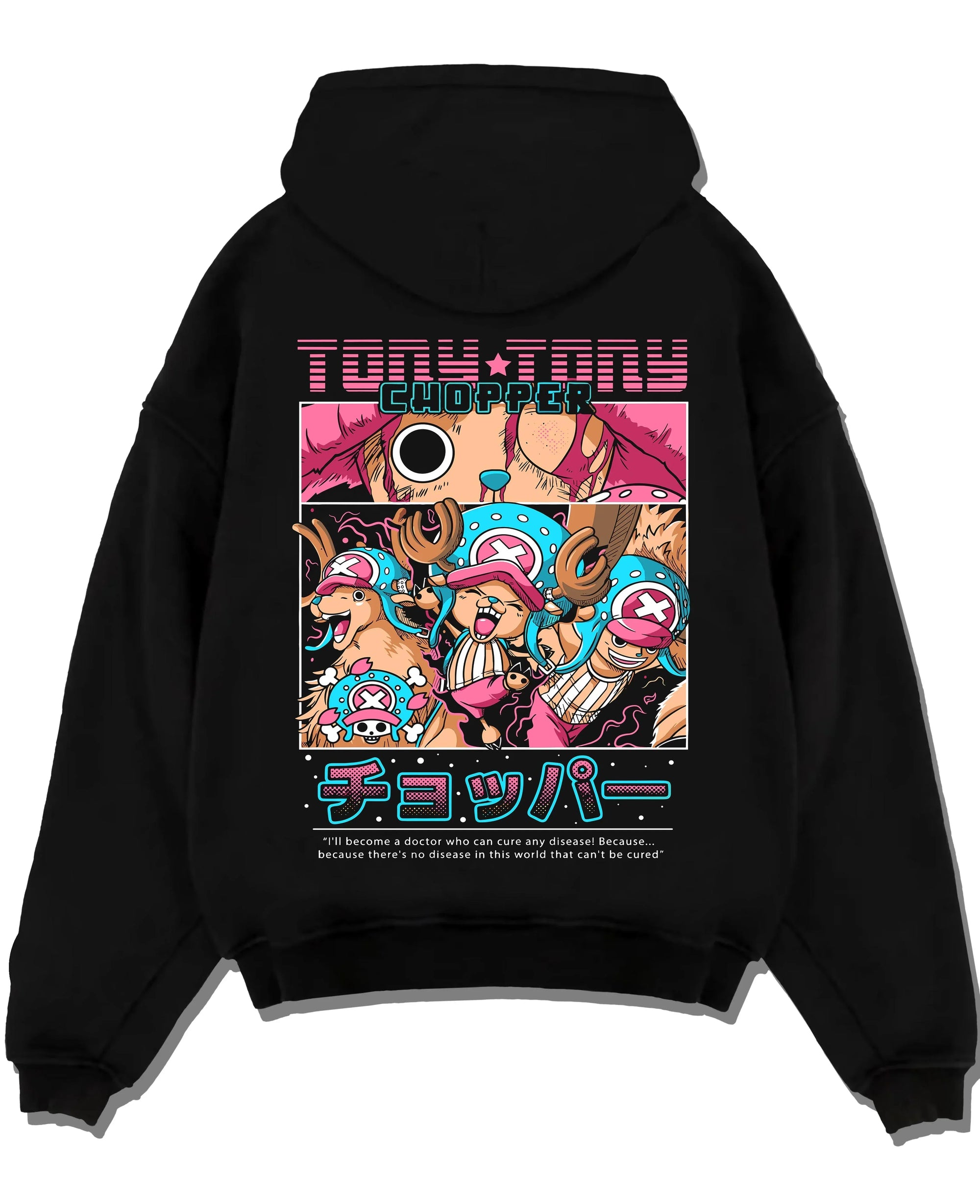 Black pullover hoodie laid flat with Chopper Hoodie One Piece Doctor Retro Pirate Collage graphic premium wear.