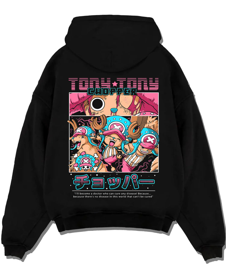 Black pullover hoodie laid flat with Chopper Hoodie One Piece Doctor Retro Pirate Collage graphic premium wear.
