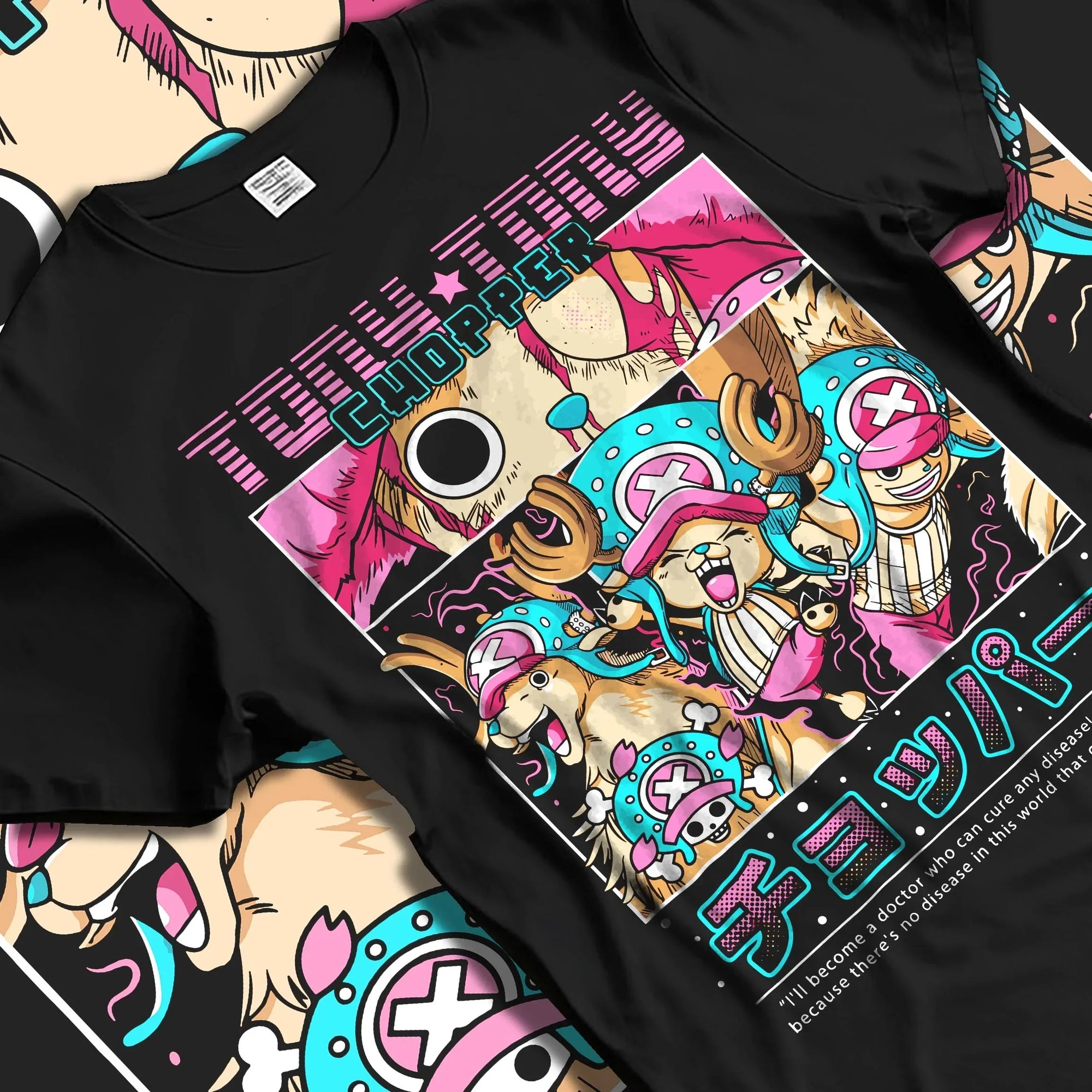 Black T-shirt laid flat with natural folds with Chopper Hoodie One Piece Doctor Retro Pirate Collage graphic streetwear graphic.