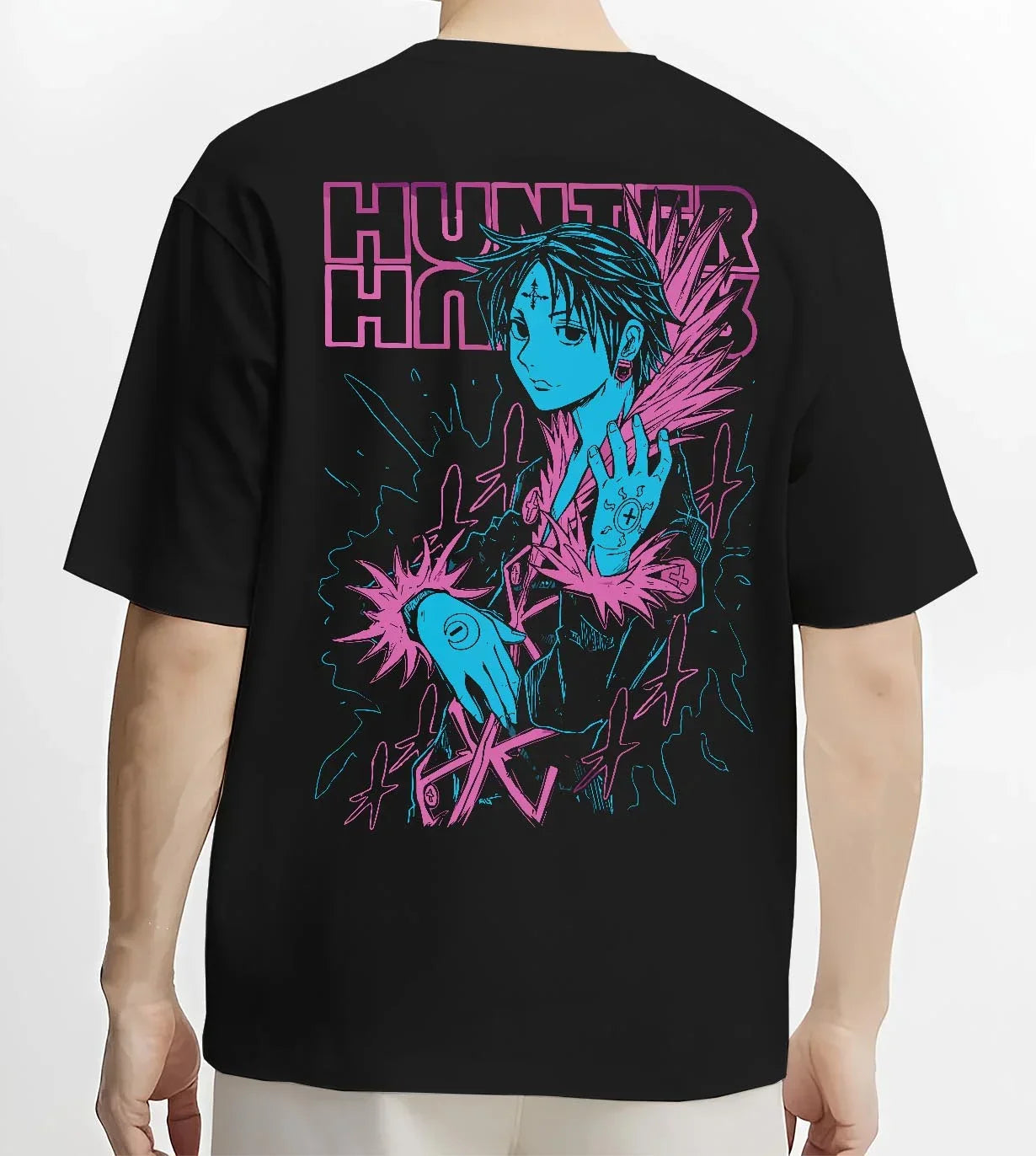 Black T-shirt worn by male model, back view with Chrollo Hoodie Hunter x Hunter Phantom Troupe Chains graphic premium wear.