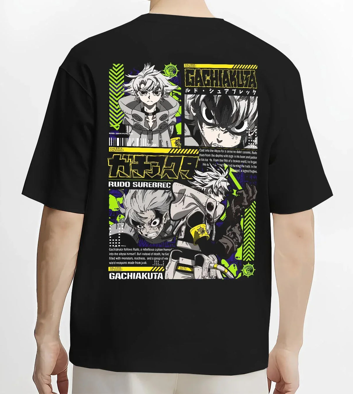 Black T-shirt worn by male model, back view with Gachiakuta Rudo Hoodie Rebel Fighter Anime Jumper graphic premium wear.