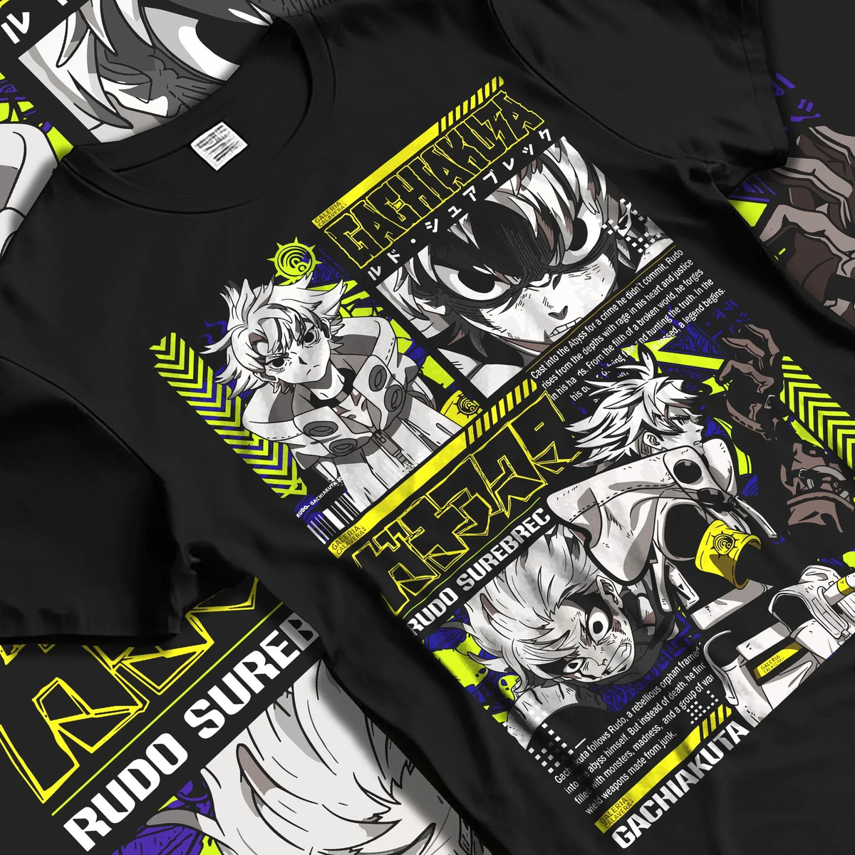 Black T-shirt laid flat with natural folds with Gachiakuta Rudo Hoodie Rebel Fighter Anime Jumper graphic Rudo anime design.