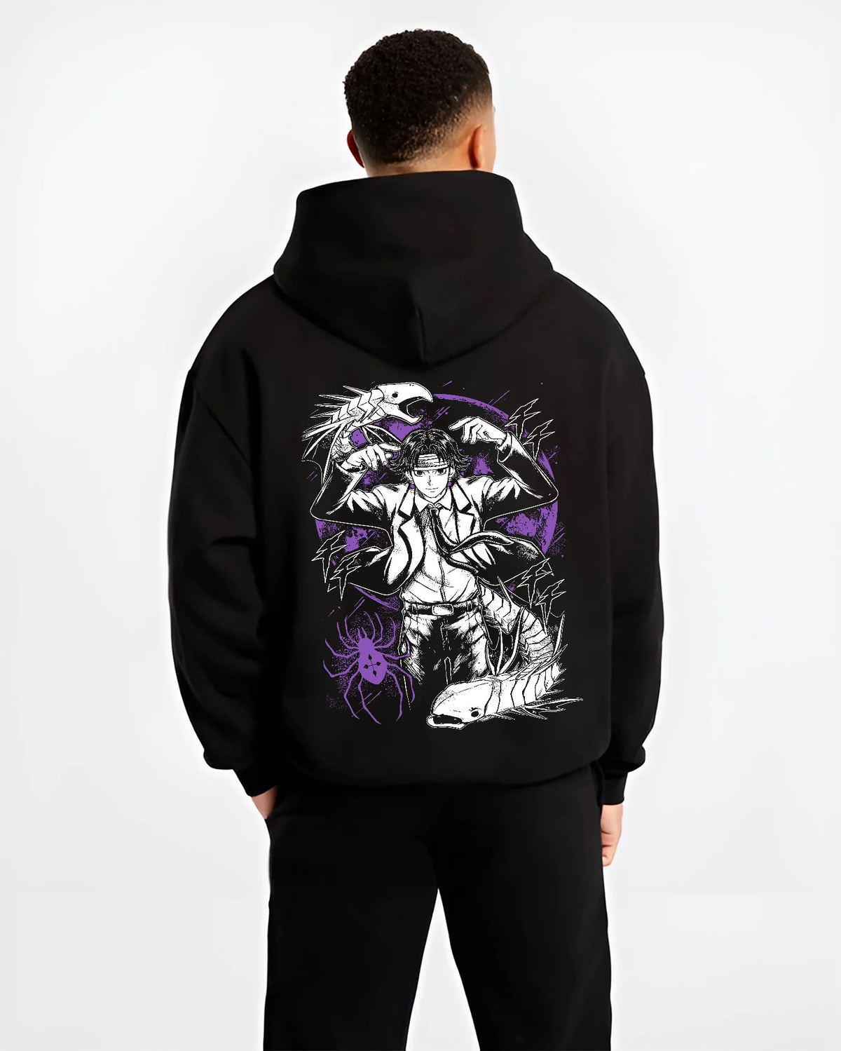 Black hoodie model back view showing Chrollo Lucilfer from Hunter x Hunter: Phantom Troupe portrait
