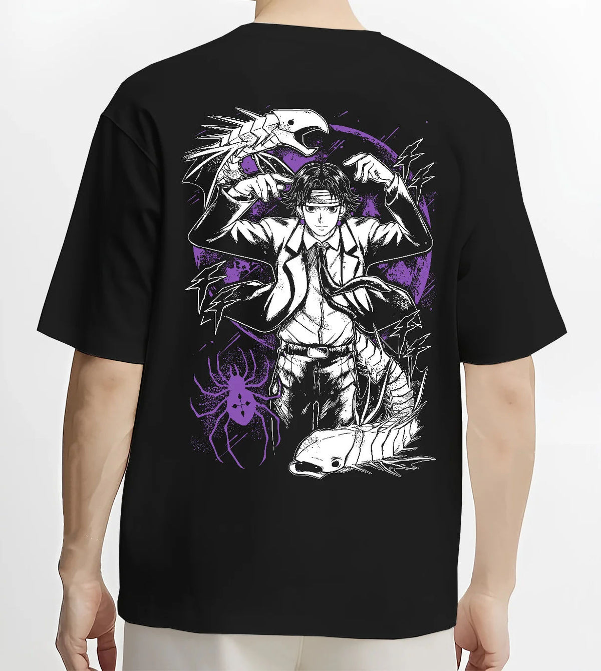 Black T-shirt model back view showing Chrollo Lucilfer from Hunter x Hunter: Phantom Troupe portrait