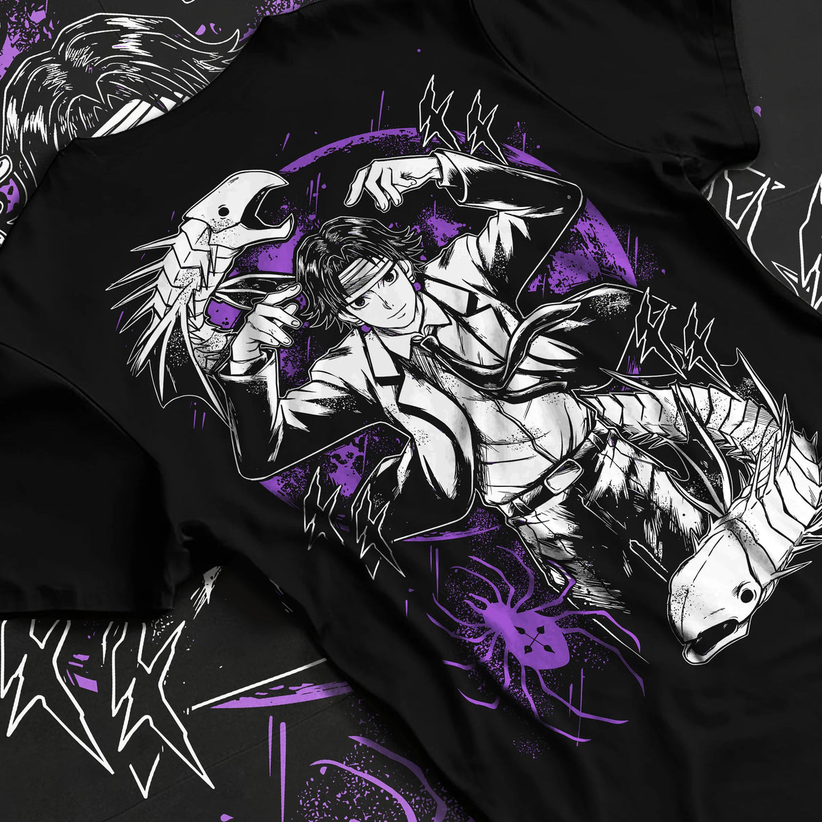 Black T-shirt flat back view showing Chrollo Lucilfer from Hunter x Hunter: Phantom Troupe portrait