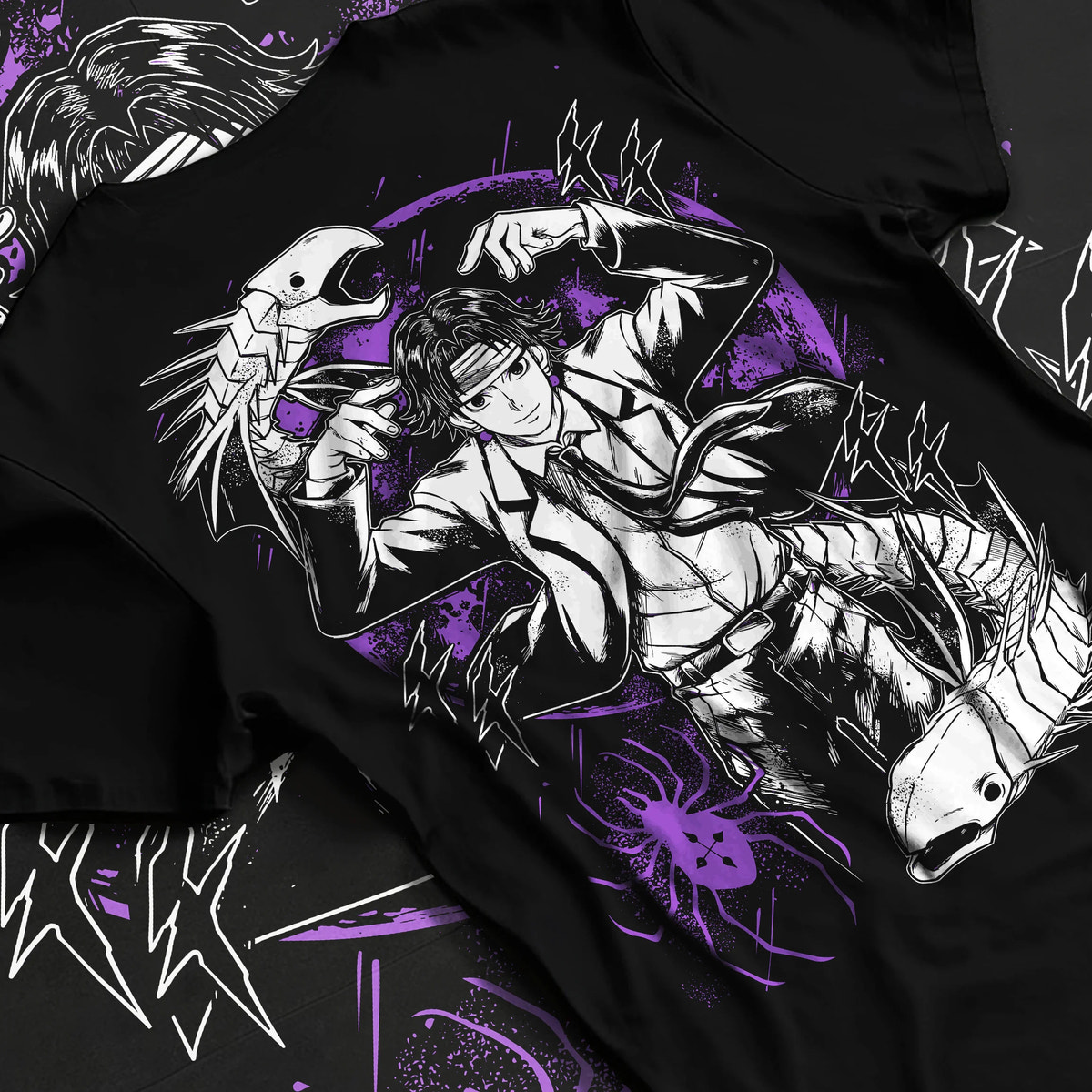 Black T-shirt flat back view showing Chrollo Lucilfer from Hunter x Hunter: Phantom Troupe portrait