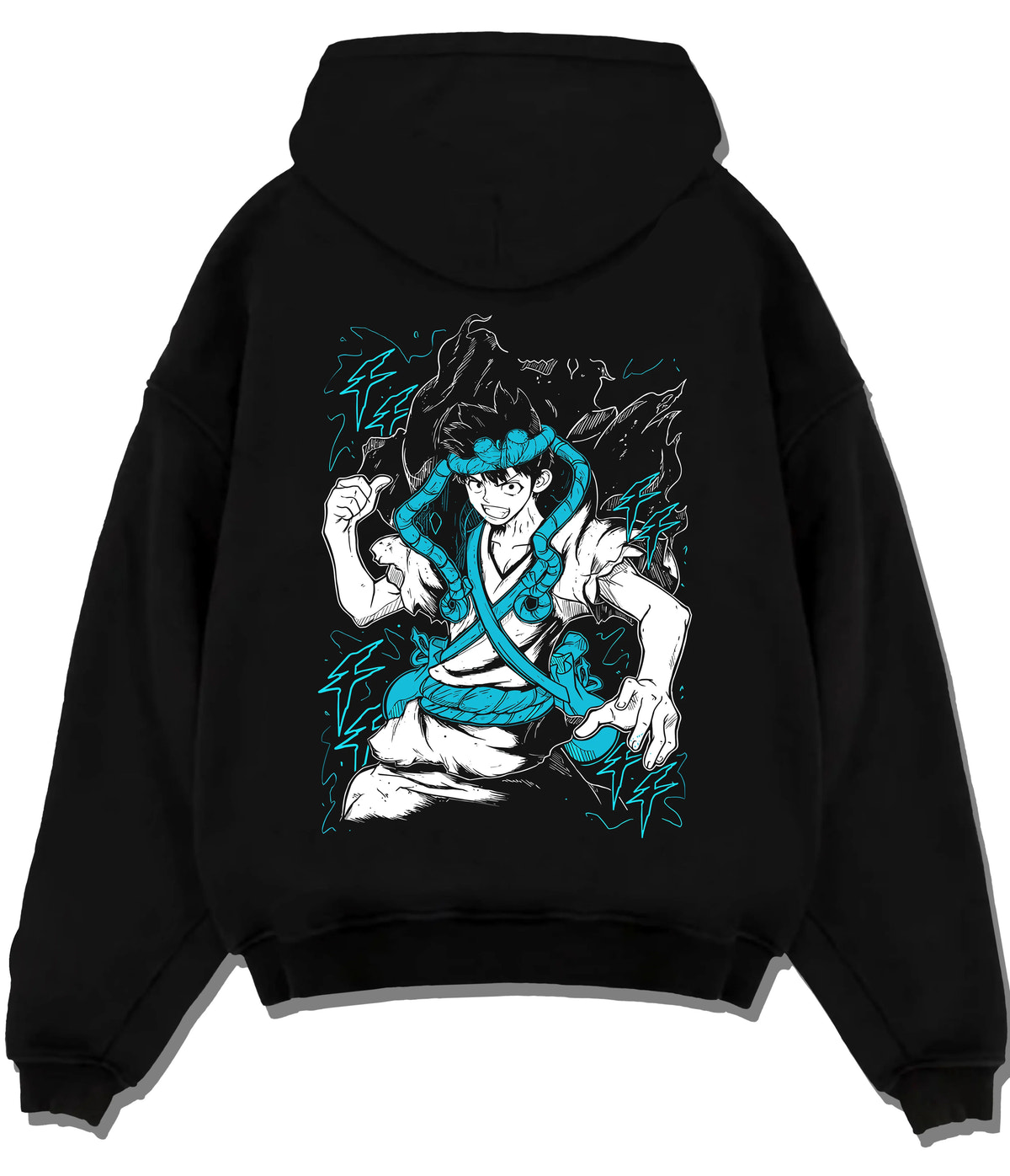 Black hoodie flat back view showing Chrome from Dr. Stone: blue aura artwork