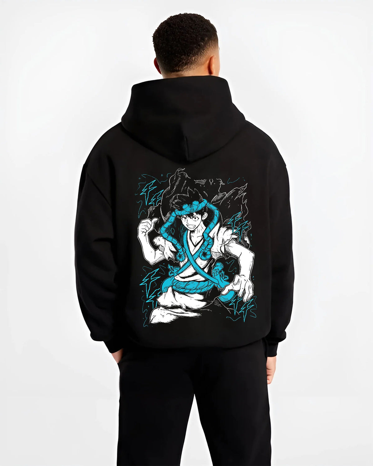 Black hoodie model back view showing Chrome from Dr. Stone: blue aura artwork