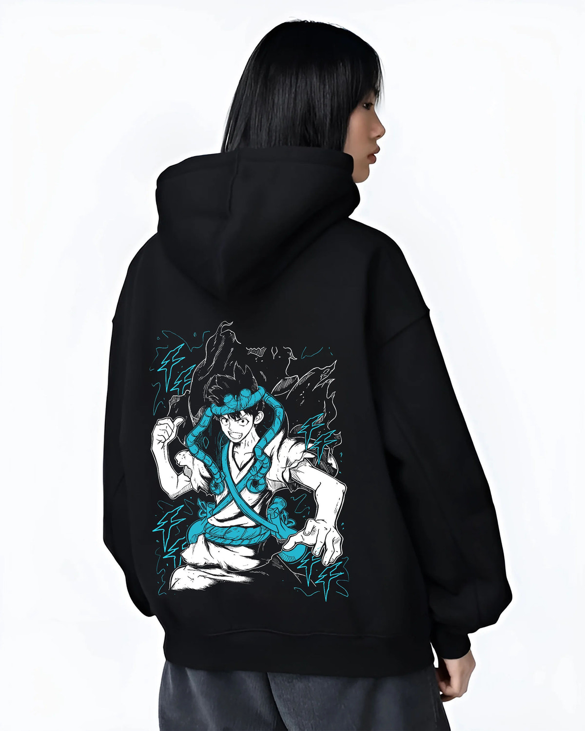 Black hoodie female model back view showing Chrome from Dr. Stone: blue aura artwork