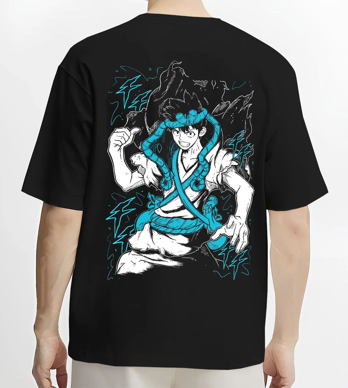Black T-shirt model back view showing Chrome from Dr. Stone: blue aura artwork