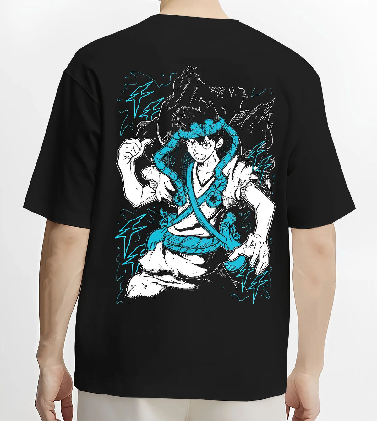 Black T-shirt model back view showing Chrome from Dr. Stone: blue aura artwork