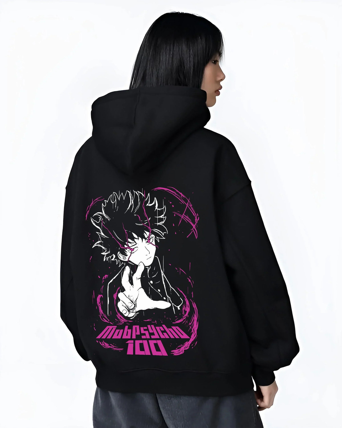 Black hoodie worn by female model, back view with Mob Psycho 100 Hoodie Shigeo Kageyama Classic Jumper graphic streetwear graphic.