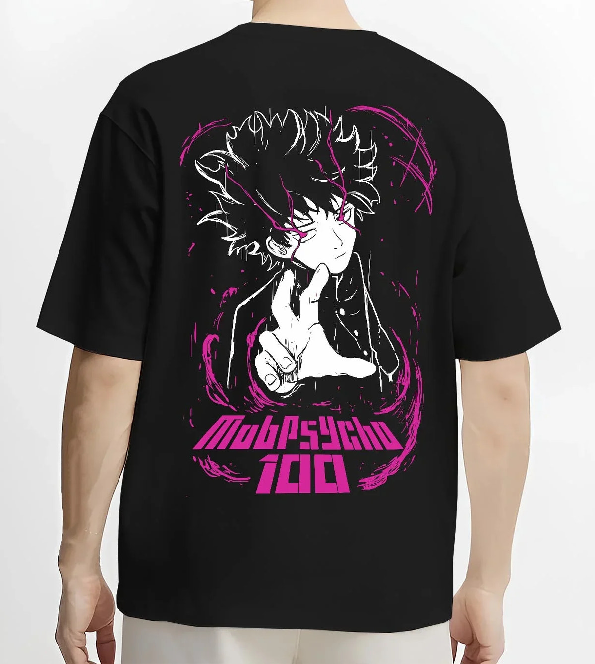 Black T-shirt worn by male model, back view with Mob Psycho 100 Hoodie Shigeo Kageyama Classic Jumper graphic premium wear.