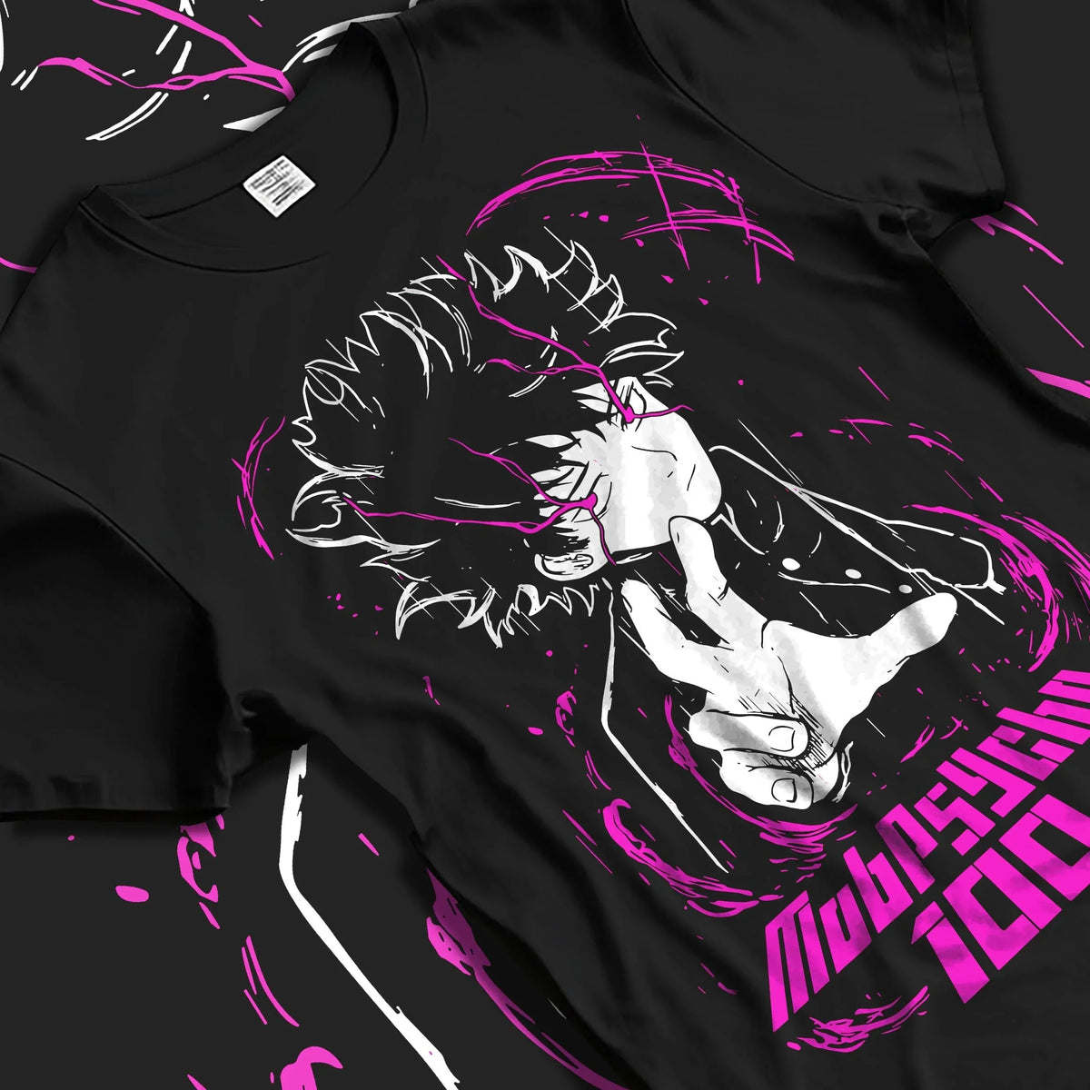 Black T-shirt laid flat with natural folds with Mob Psycho 100 Hoodie Shigeo Kageyama Classic Jumper graphic streetwear graphic.
