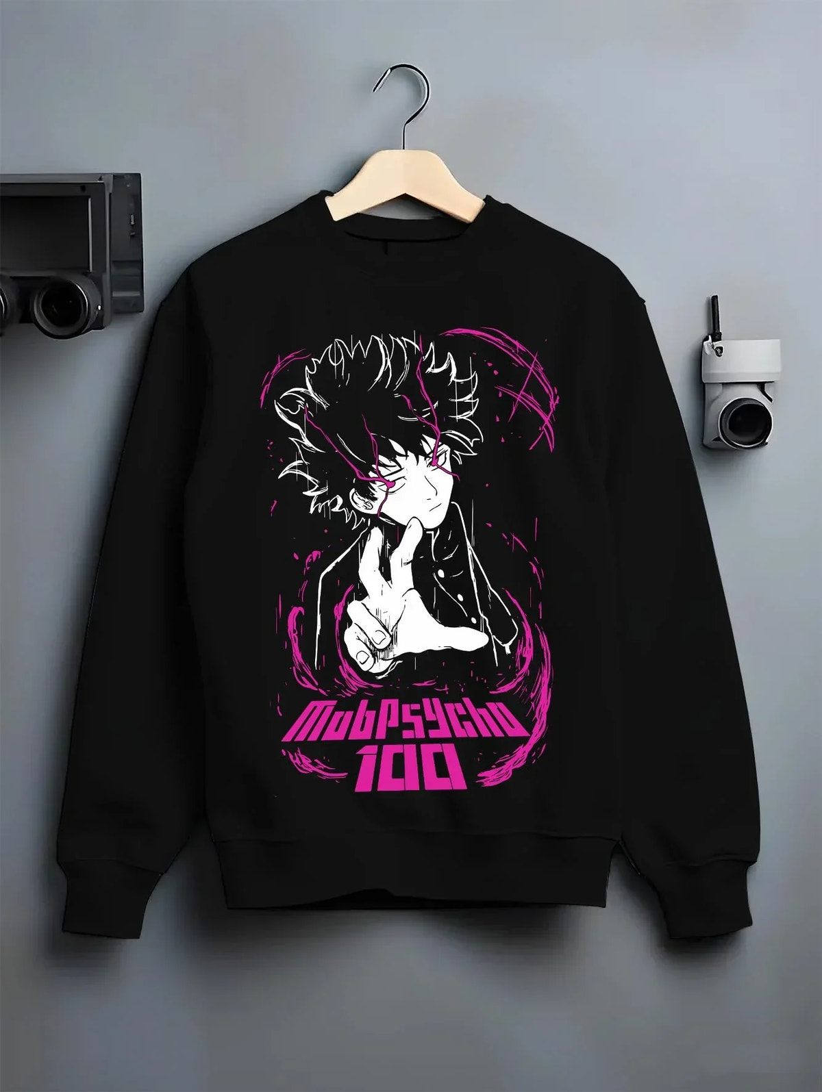 Black crewneck sweatshirt on hanger with Mob Psycho 100 Hoodie Shigeo Kageyama Classic Jumper graphic bold anime graphic.
