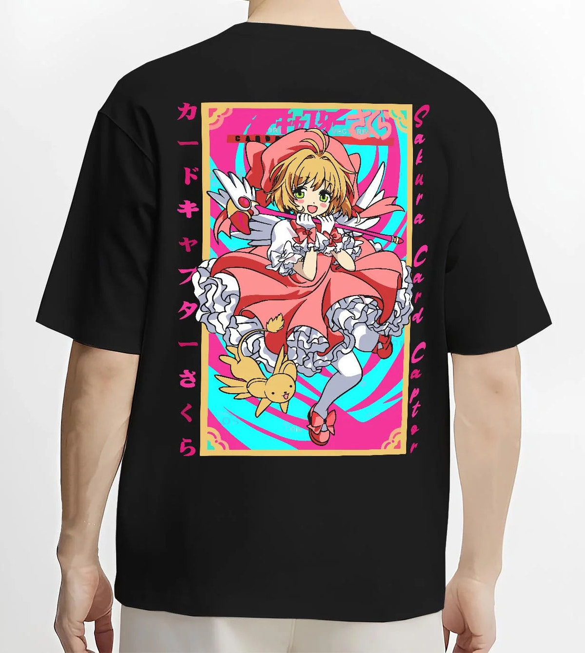 Black T-shirt worn by male model from the back featuring Cardcaptor Sakura Clow Master artwork.