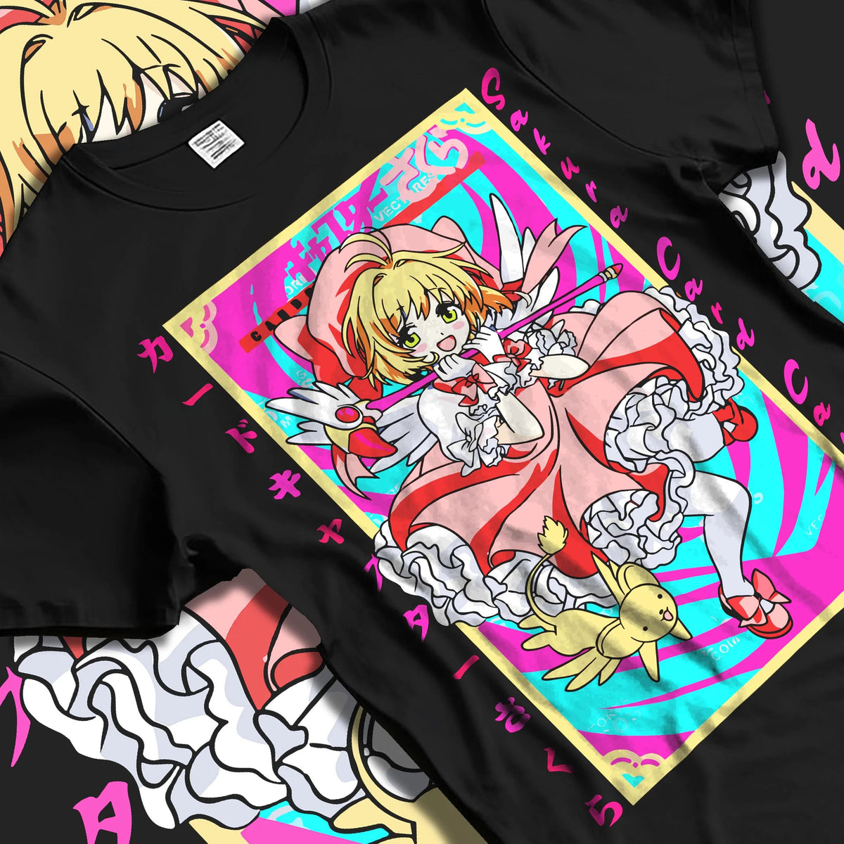 Black T-shirt laid flat with natural folds featuring Cardcaptor Sakura Clow Master artwork.