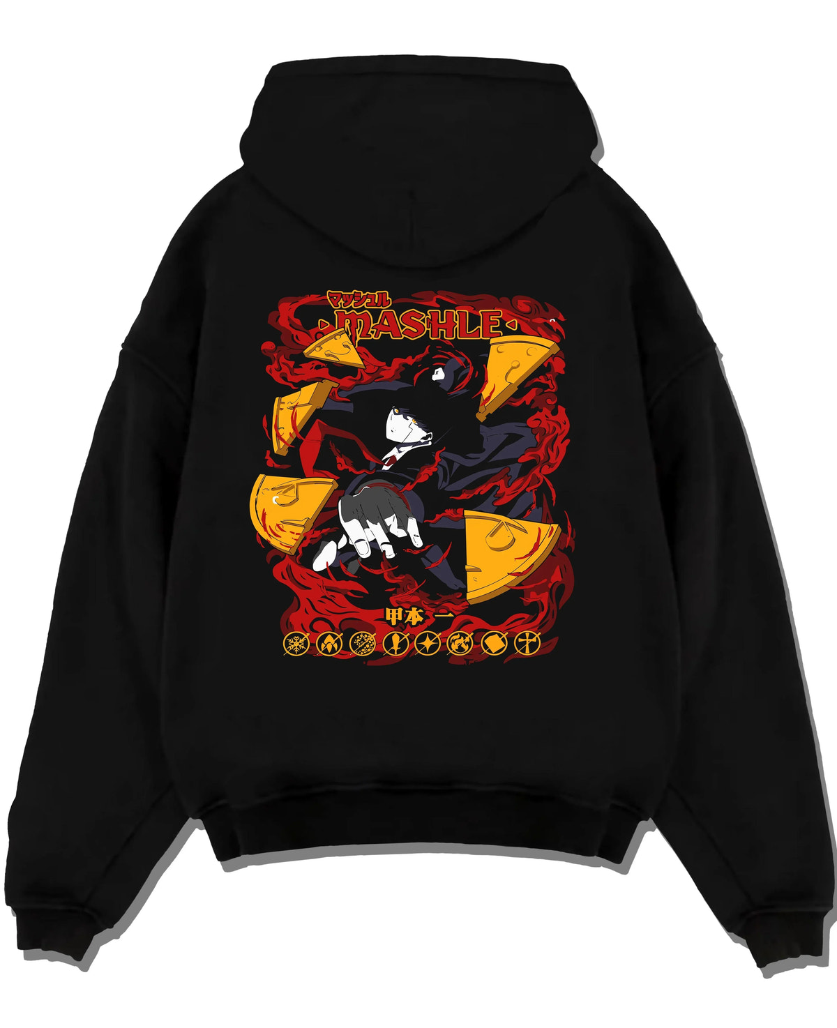 Black pullover hoodie laid flat with Mashle Hoodie Mash Burnedead Action Comedy Jumper graphic bold anime graphic.