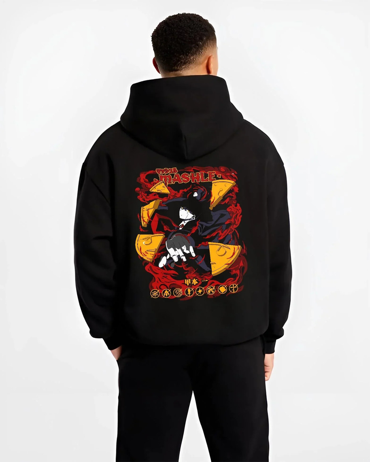 Black hoodie worn by male model, back view with Mashle Hoodie Mash Burnedead Action Comedy Jumper graphic bold anime graphic.