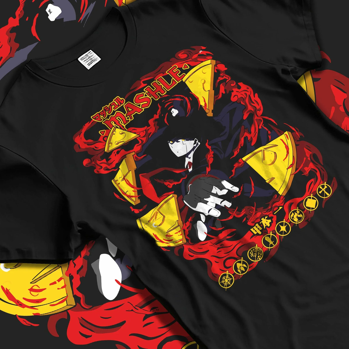 Black T-shirt laid flat with natural folds with Mashle Hoodie Mash Burnedead Action Comedy Jumper graphic premium wear.