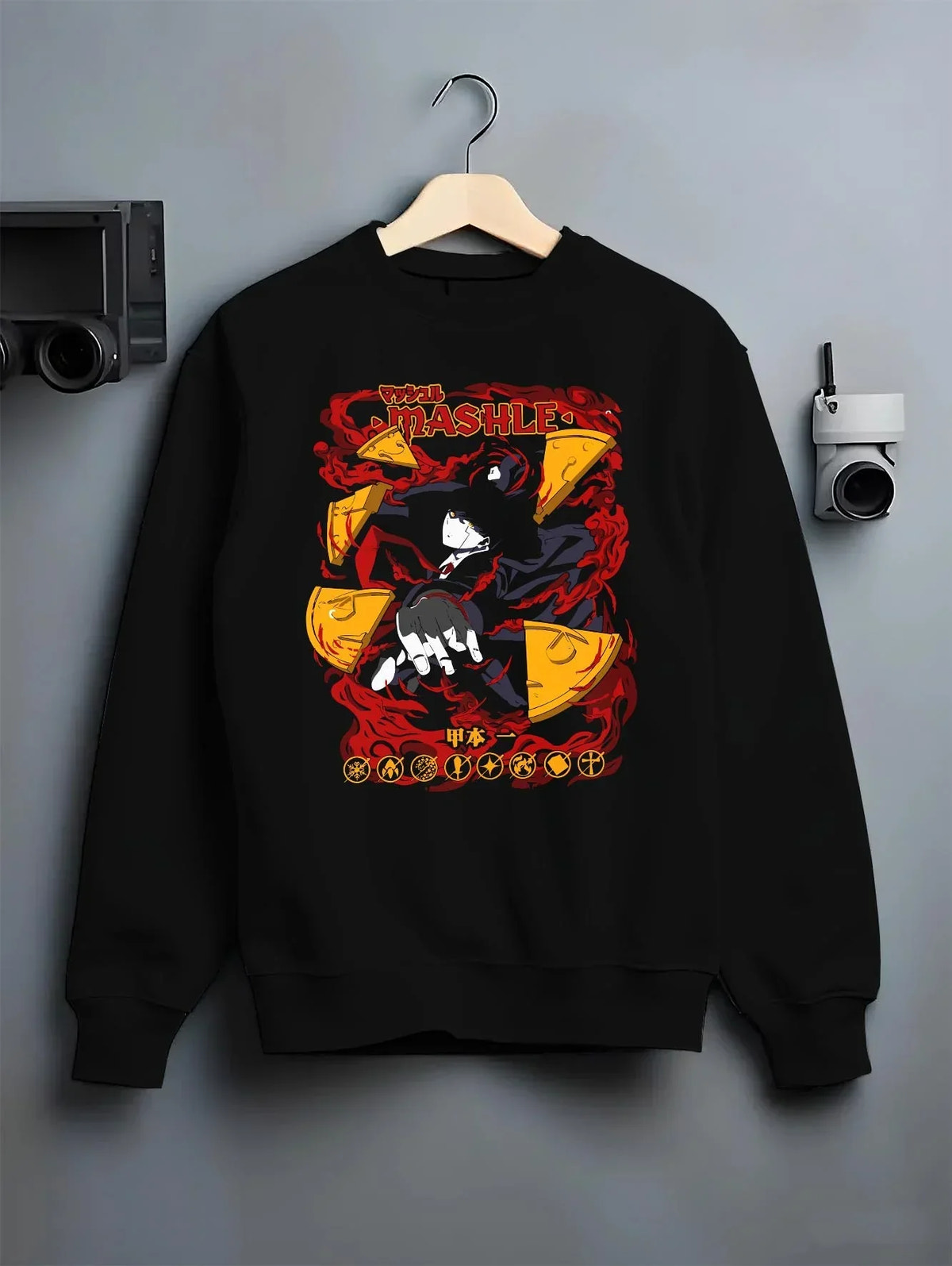 Black crewneck sweatshirt on hanger with Mashle Hoodie Mash Burnedead Action Comedy Jumper graphic bold anime graphic.