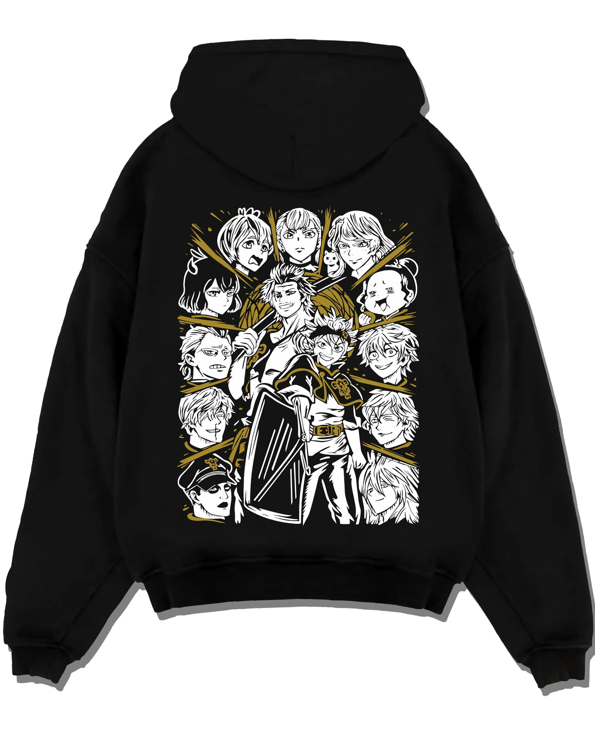 Black pullover hoodie laid flat with Saint Seiya Hoodie Bronze Saints Zodiac Warrior Team graphic streetwear graphic.
