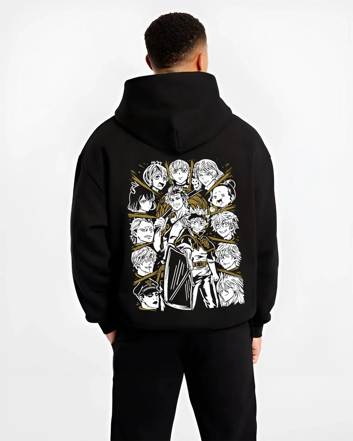 Black hoodie worn by male model, back view with Saint Seiya Hoodie Bronze Saints Zodiac Warrior Team graphic streetwear graphic.
