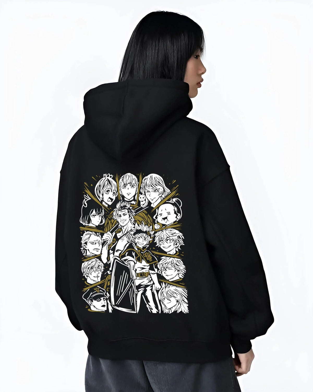Black hoodie worn by female model, back view with Saint Seiya Hoodie Bronze Saints Zodiac Warrior Team graphic bold anime graphic.