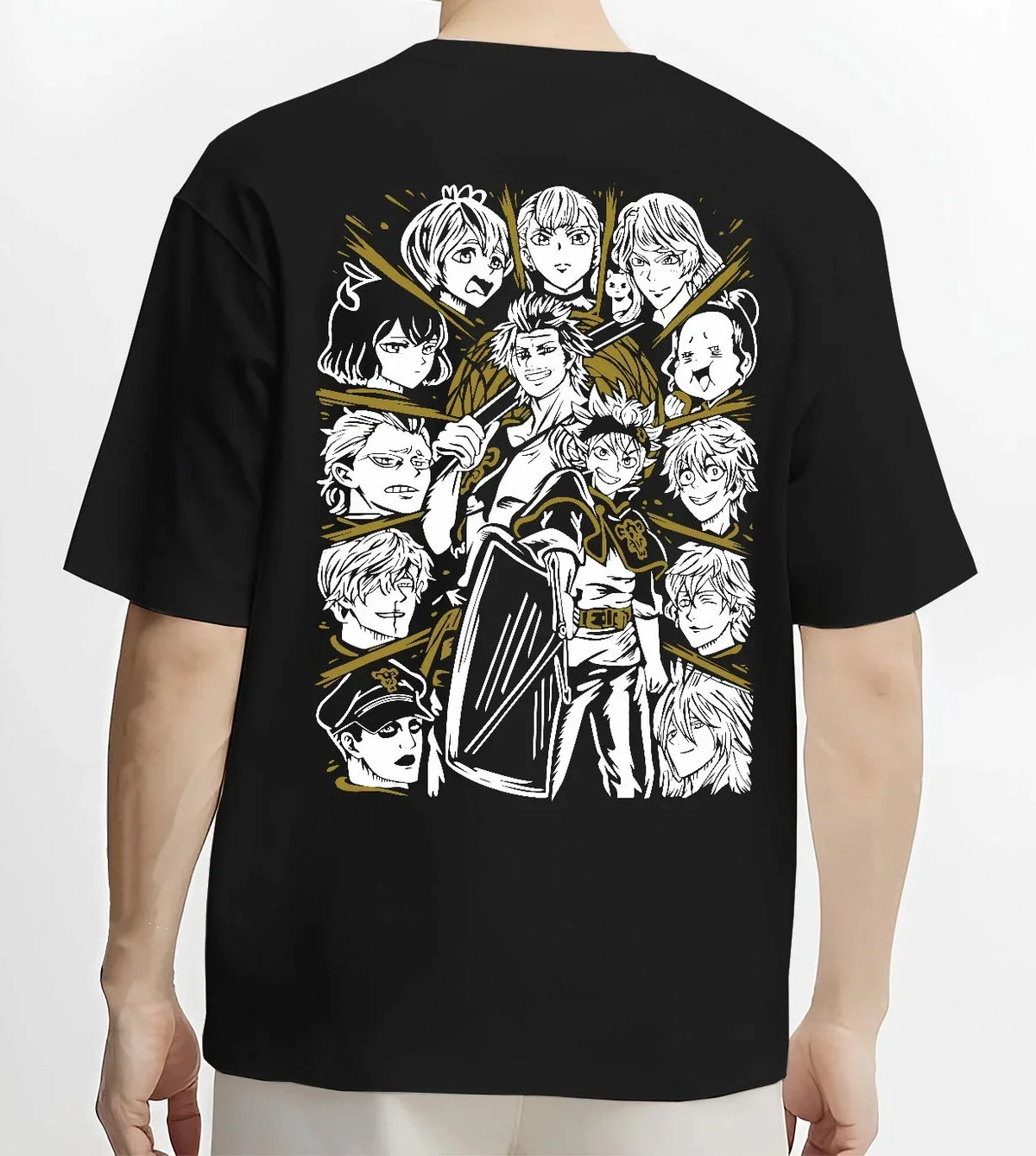 Black T-shirt worn by male model, back view with Saint Seiya Hoodie Bronze Saints Zodiac Warrior Team graphic bold anime graphic.