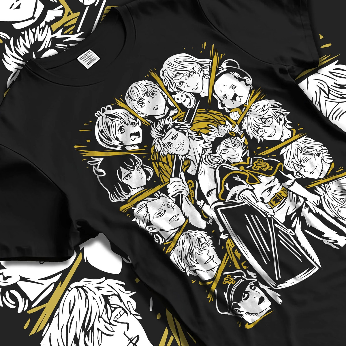 Black T-shirt laid flat with natural folds with Saint Seiya Hoodie Bronze Saints Zodiac Warrior Team graphic streetwear graphic.