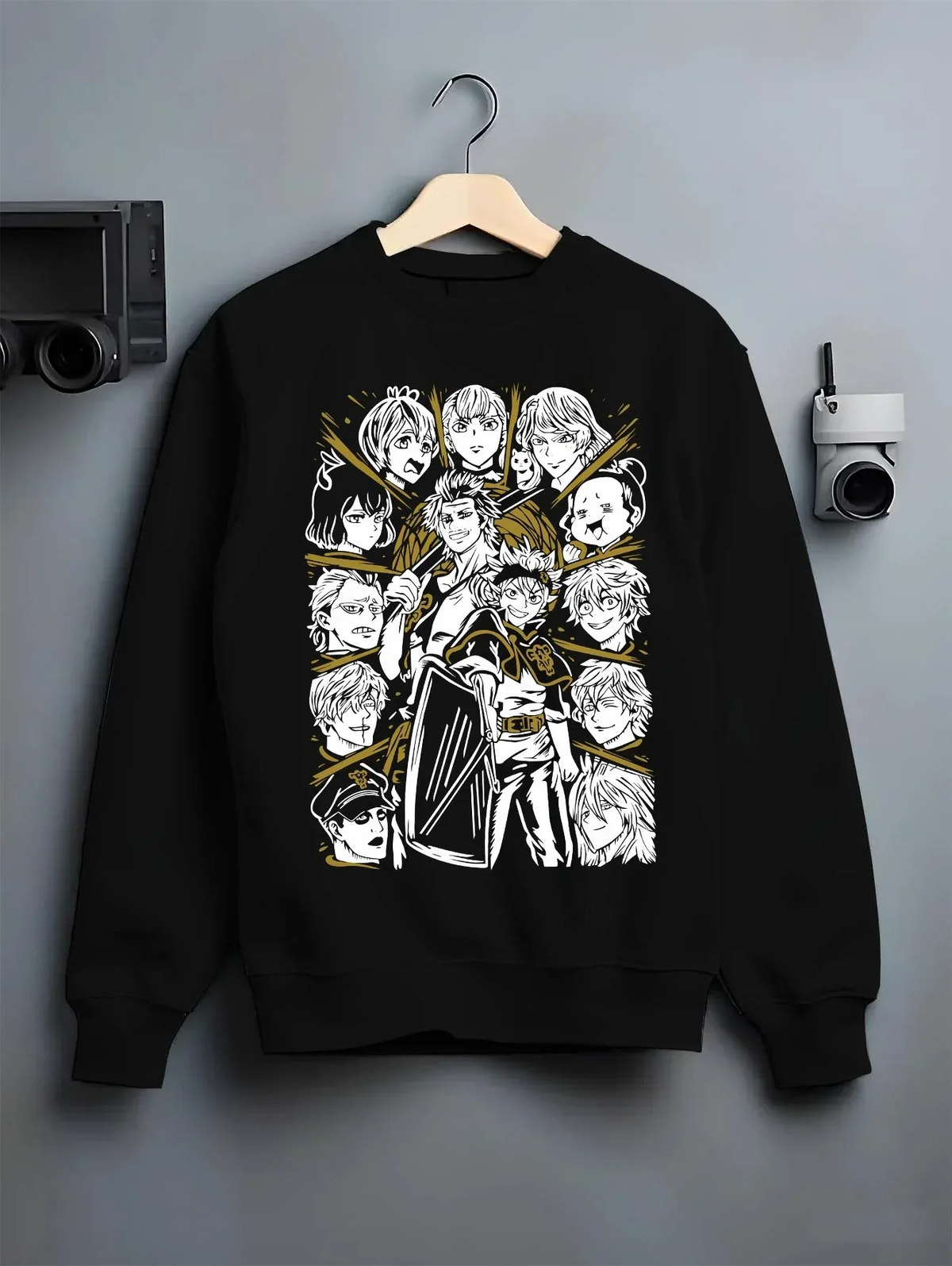 Black crewneck sweatshirt on hanger with Saint Seiya Hoodie Bronze Saints Zodiac Warrior Team graphic streetwear graphic.