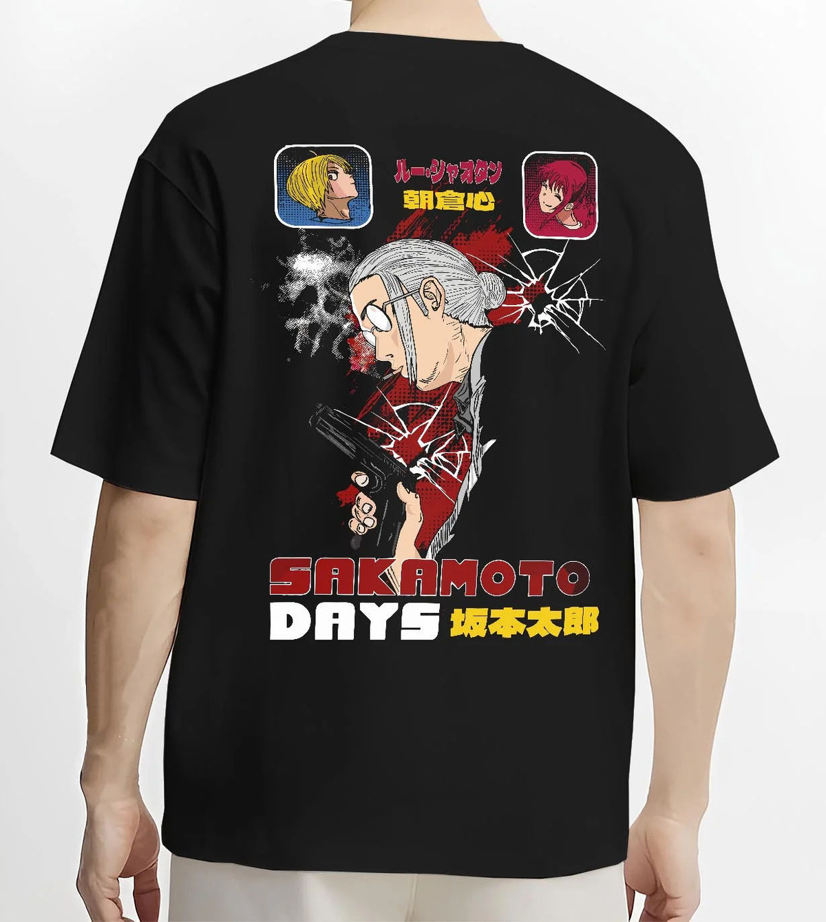 Black T-shirt worn by male model from the back featuring Sakamoto Days combat manga artwork.