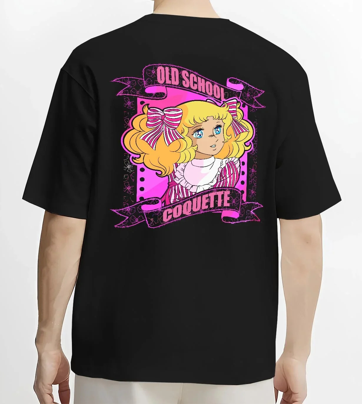 Black T-shirt worn by male model, back view with Candy Candy Hoodie Retro Classic Anime Old School graphic streetwear graphic.