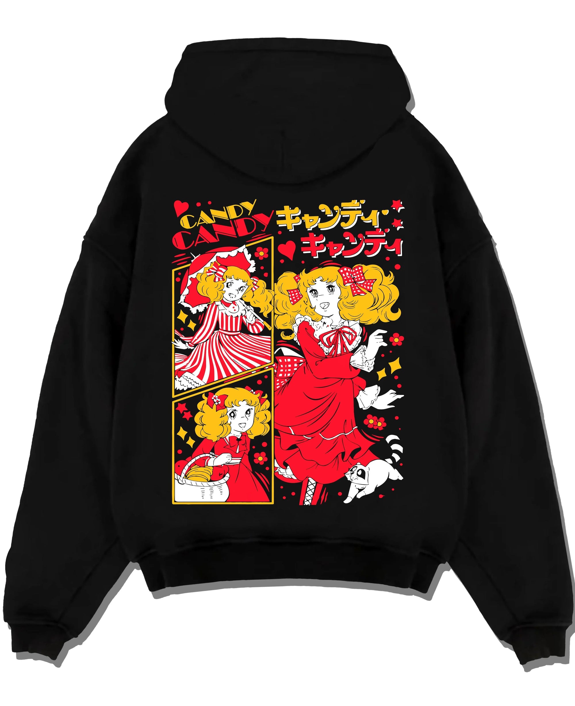 Black pullover hoodie laid flat with Candy Candy Hoodie Retro Anime Red Dress Twin Scene graphic premium wear.