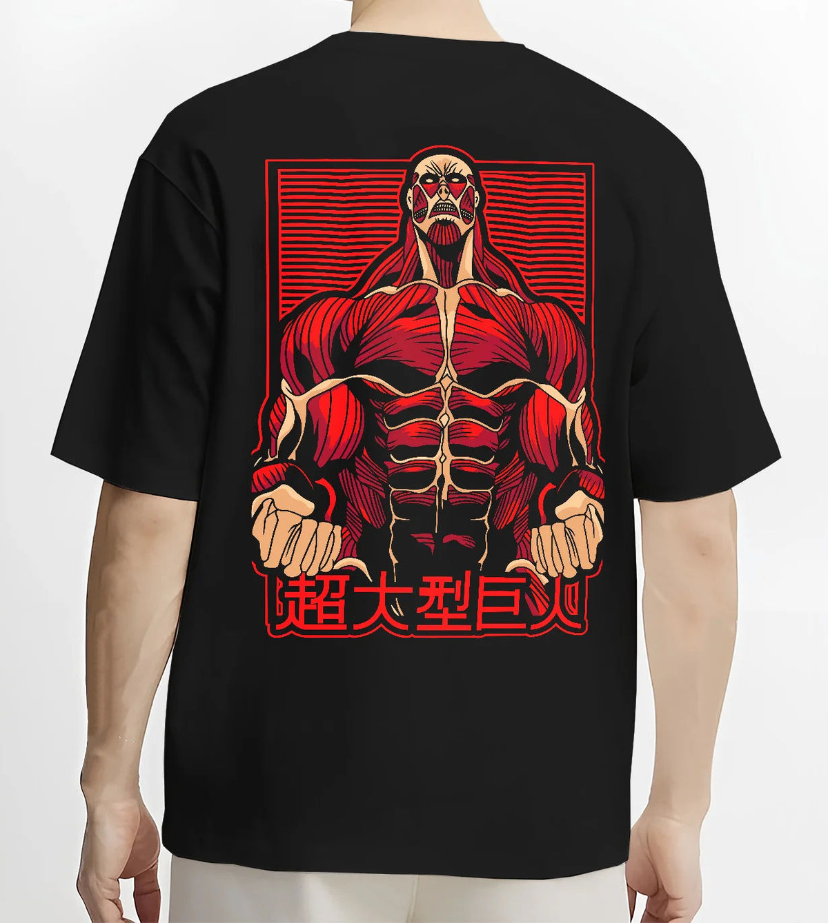 Black T-shirt model back view showing Colossal Titan from Attack on Titan: transformation portrait